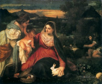 Madonna und Kind mit St Katharina und einem Hasen 1530 Ölgemälde